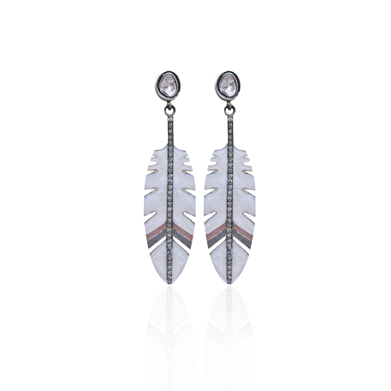 Sliced Diamond Enamel Feather Earrings