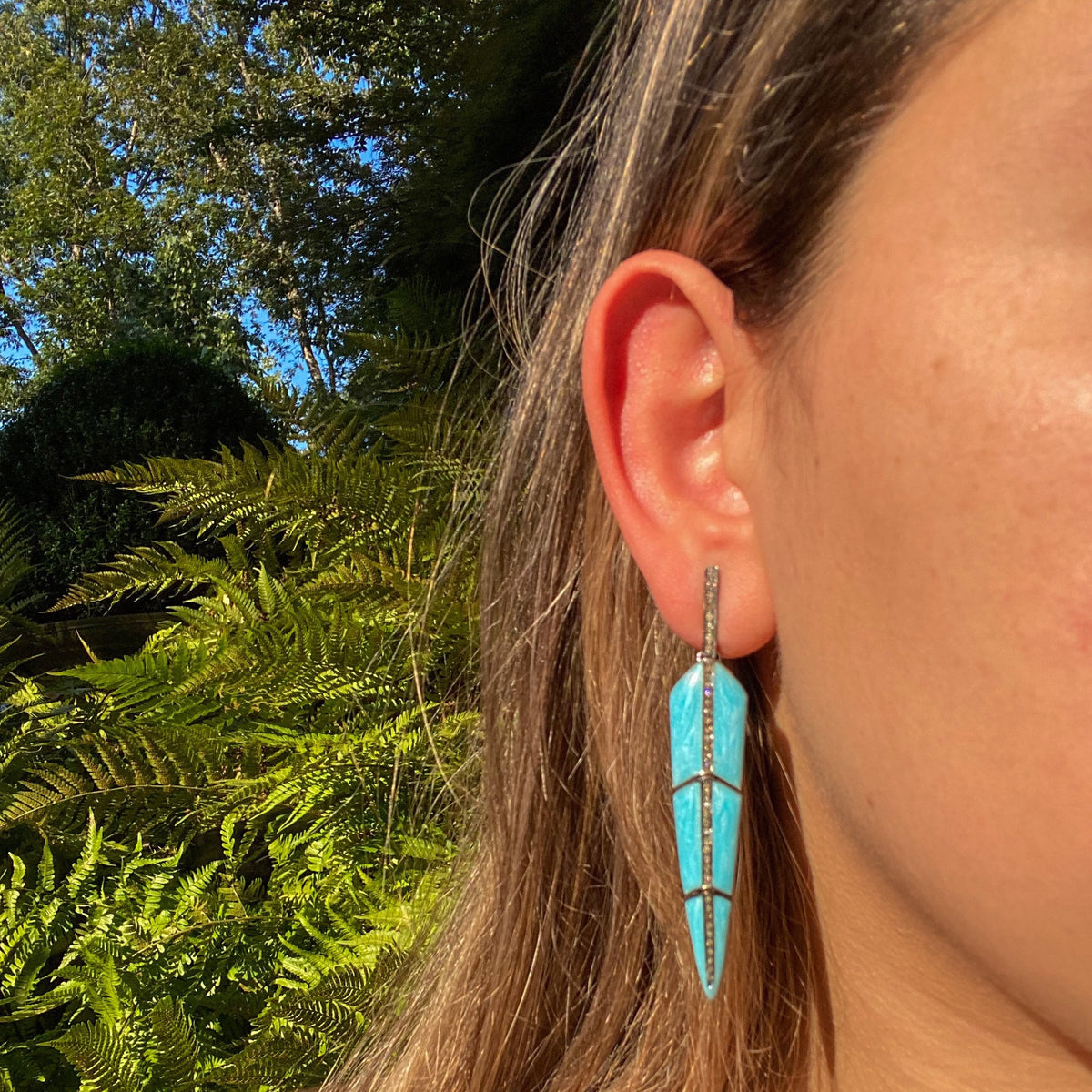 Pearl Turquoise Enamel Feather Earrings