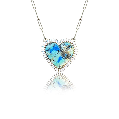 14k Azurite Turquoise Baguette Heart Charm Necklace