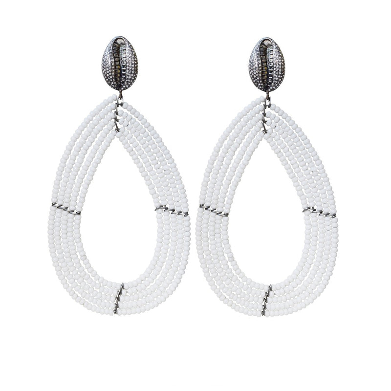 White Beaded Cowrie Stud Earrings