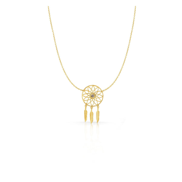 Solid 14K Yellow Gold Dream Catcher Pendant