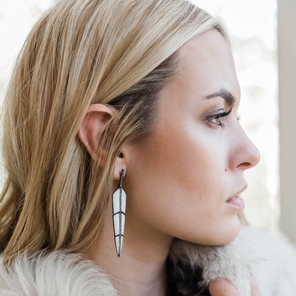 Pearl White Enamel Feather Earrings