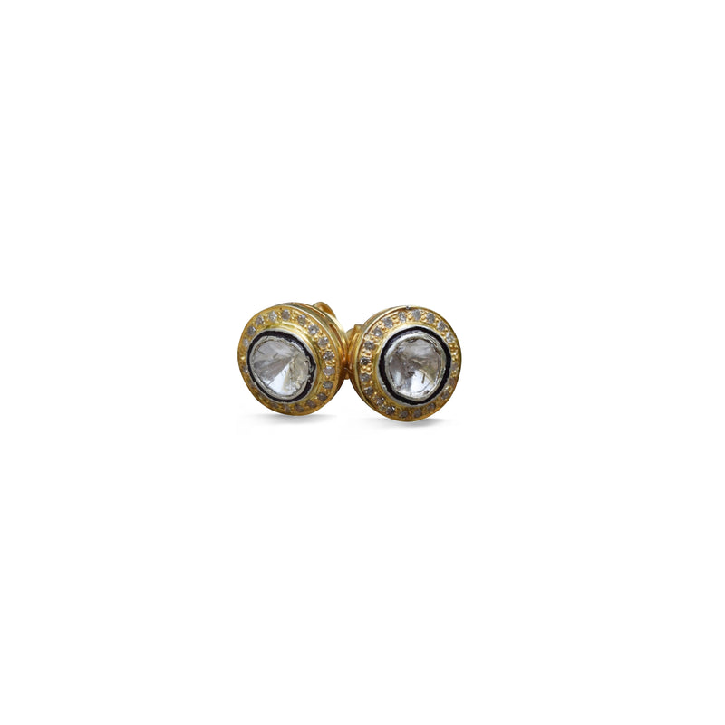 Sliced Diamond + Pave Stud Earrings Gold Plate