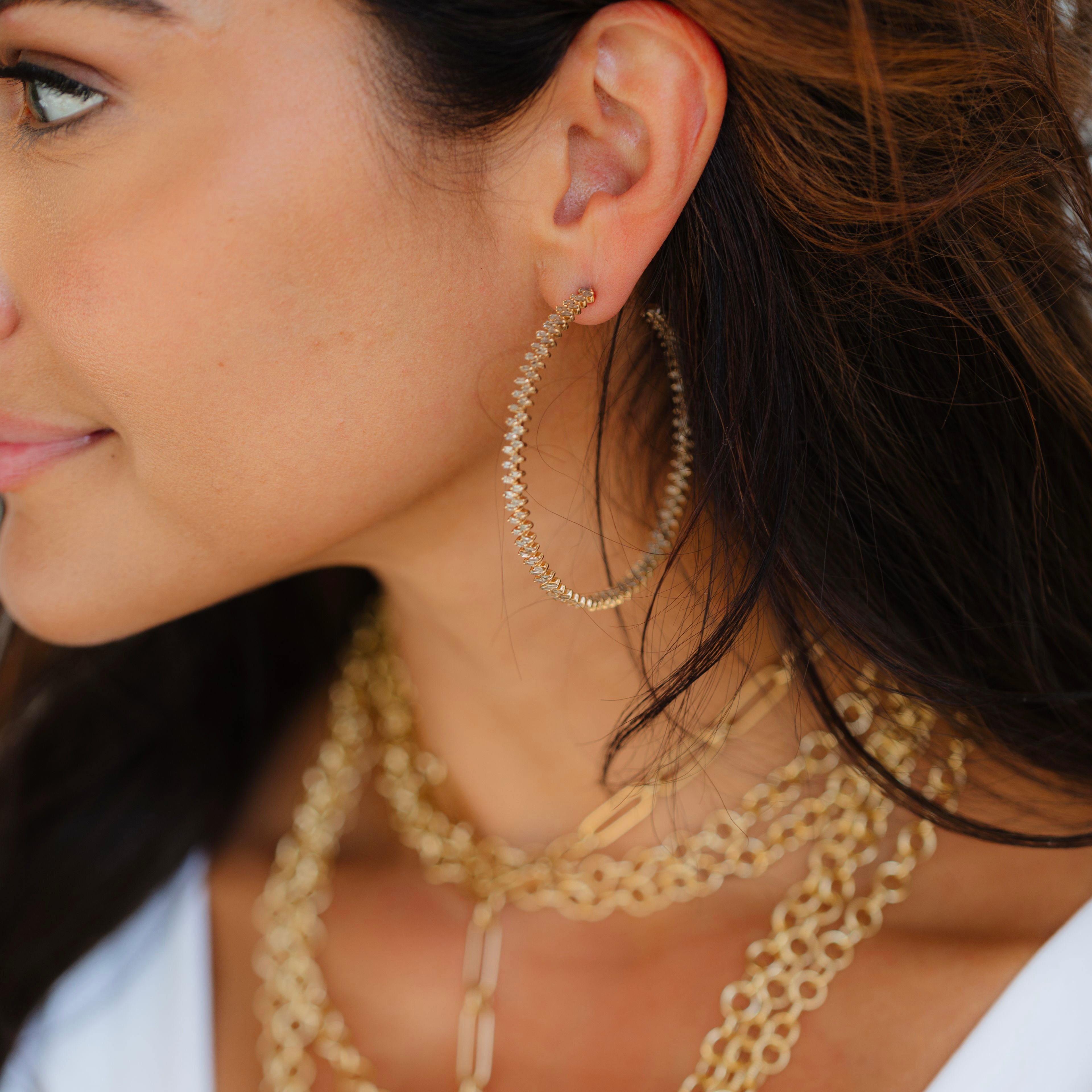 14K Baguette Diamond Hoops